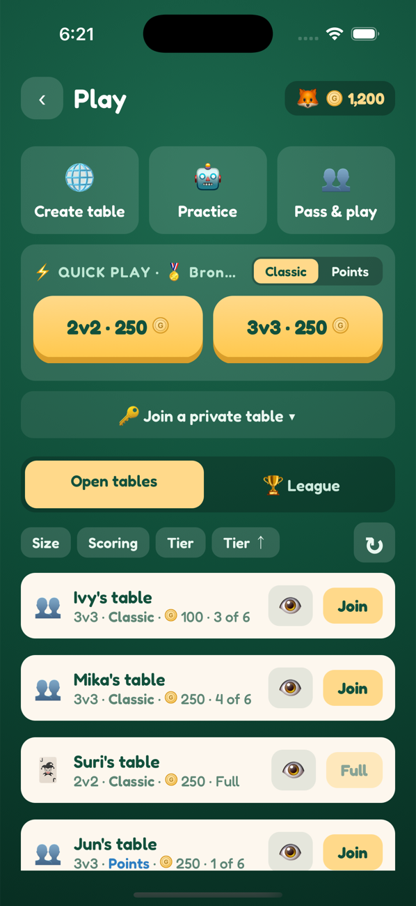The Play screen — quick play, create or join a table, and open tables to browse