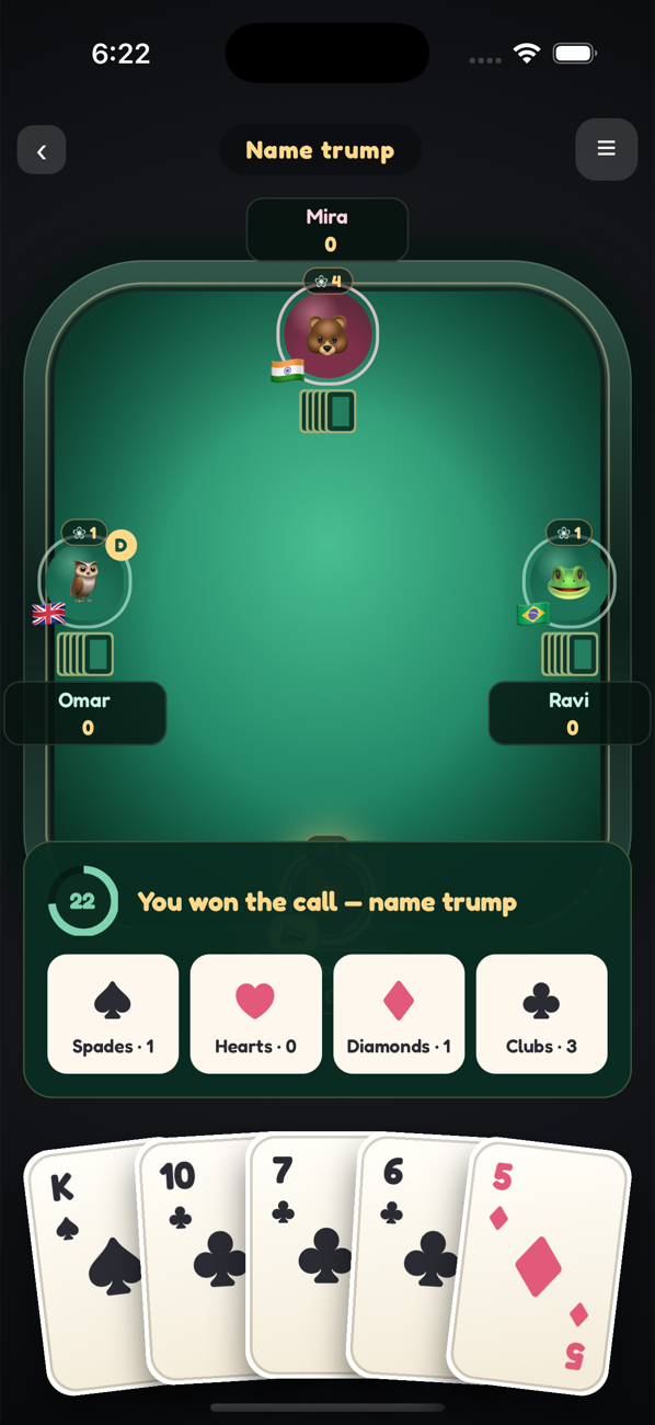 A live four-player Ghant table mid-hand — felt, name plates, and the played cards