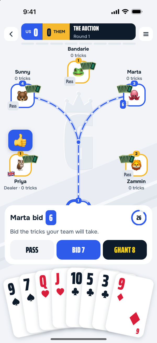 The auction — your teammate has bid 6 and it is your turn to pass, raise to 7 or call Ghant for all 8