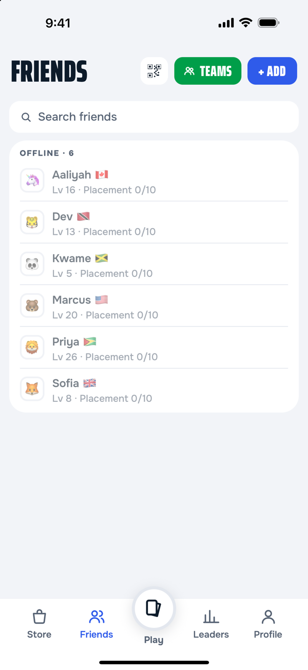 The Friends screen — six friends with their levels and flags, plus buttons to share your friend code, manage teams and add a friend