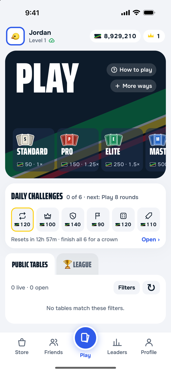 The Play screen — table tiers from Standard to Master, the daily challenges strip and the public tables list