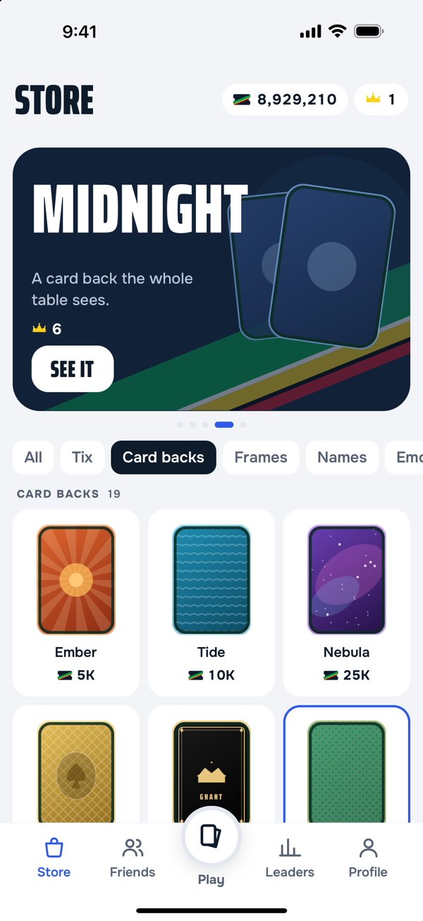 The Store — card backs like Ember, Tide and Nebula priced in play-money tix, under a featured card back