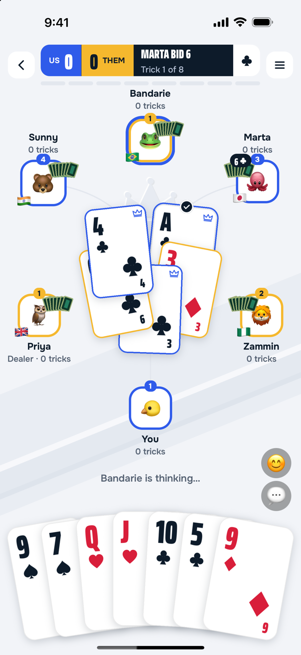A 3v3 Ghant table mid-trick — six seats, teammates ringed in blue, four clubs in the middle and your hand fanned along the bottom